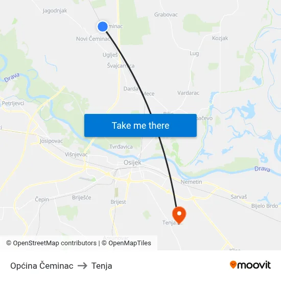 Općina Čeminac to Tenja map