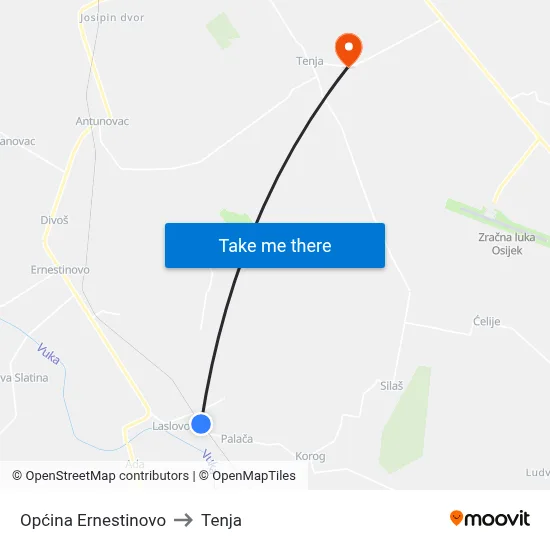 Općina Ernestinovo to Tenja map