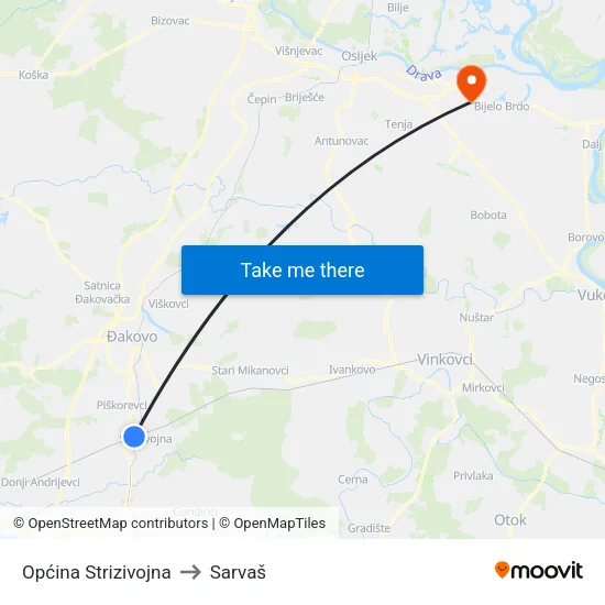 Općina Strizivojna to Sarvaš map