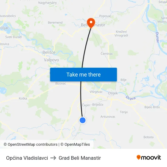 Općina Vladislavci to Grad Beli Manastir map