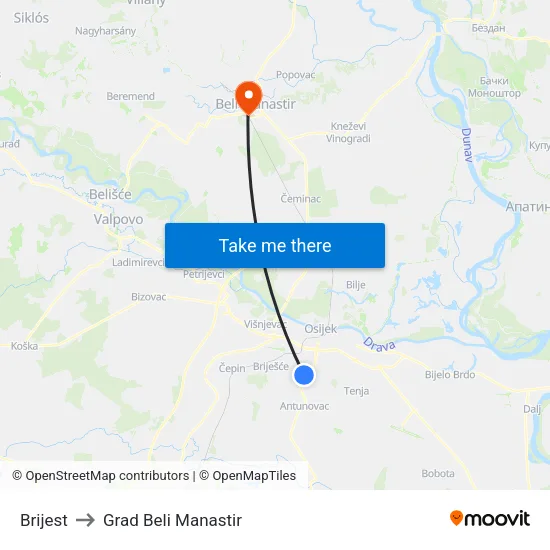 Brijest to Grad Beli Manastir map