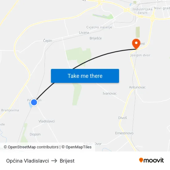 Općina Vladislavci to Brijest map