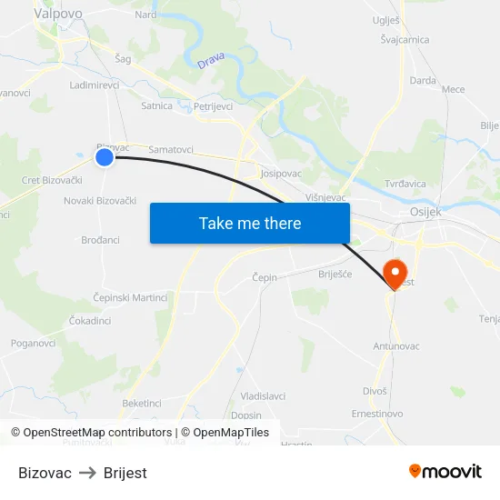 Bizovac to Brijest map