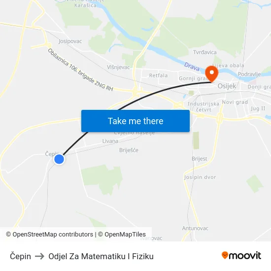 Čepin to Odjel Za Matematiku I Fiziku map