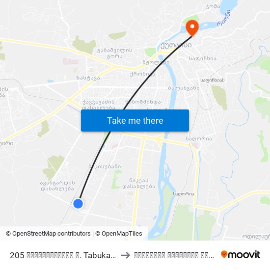 205 თაბუკაშვილის ქ. Tabukashvili St. to ქუთაისის ეროვნული ინსტიტუტი map