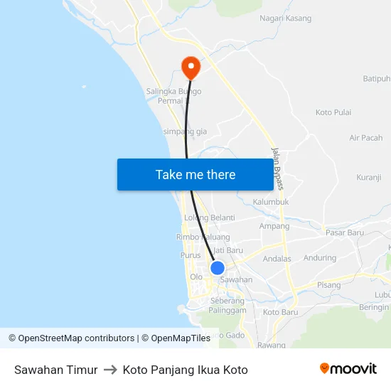 Sawahan Timur to Koto Panjang Ikua Koto map