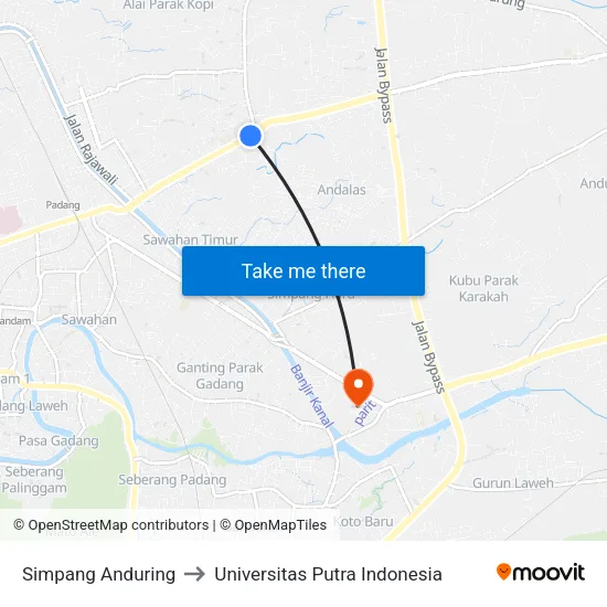 Simpang Anduring to Universitas Putra Indonesia map