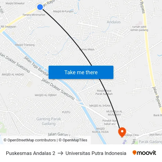 Puskesmas Andalas 2 to Universitas Putra Indonesia map