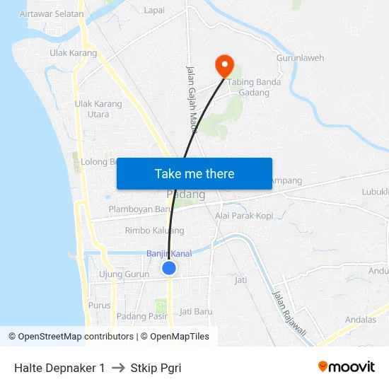Halte Depnaker 1 to Stkip Pgri map