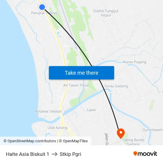 Halte Asia Biskuit 1 to Stkip Pgri map
