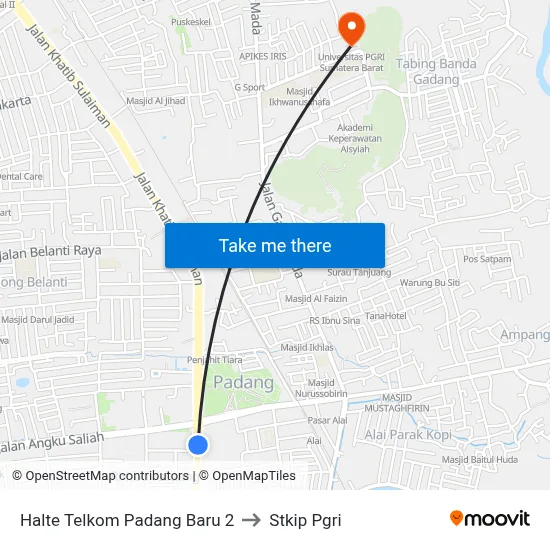 Halte Telkom Padang Baru 2 to Stkip Pgri map