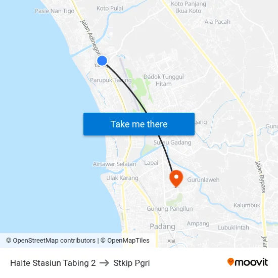Halte Stasiun Tabing 2 to Stkip Pgri map