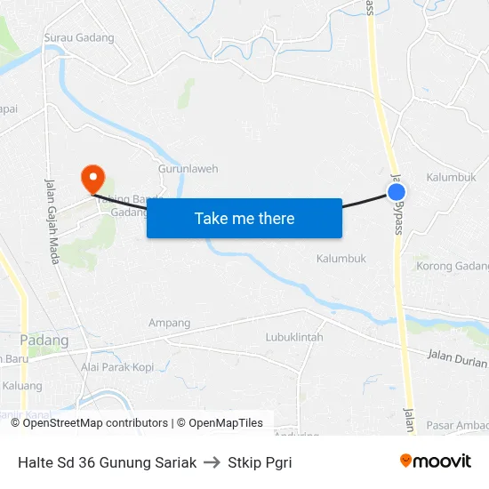 Halte Sd 36 Gunung Sariak to Stkip Pgri map