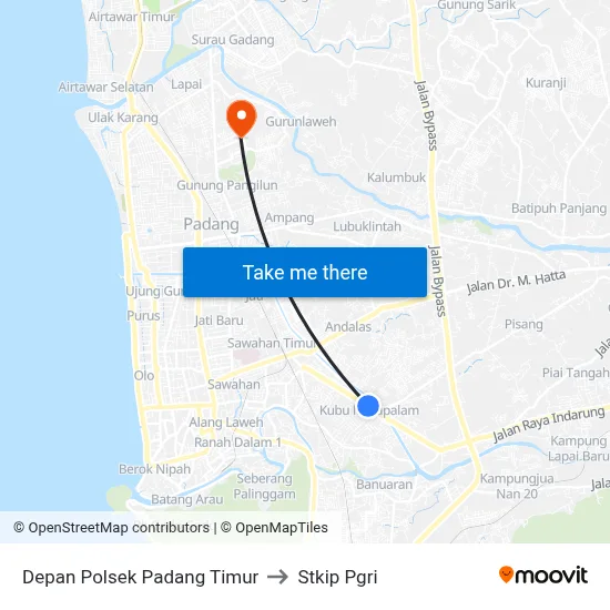 Depan Polsek Padang Timur to Stkip Pgri map