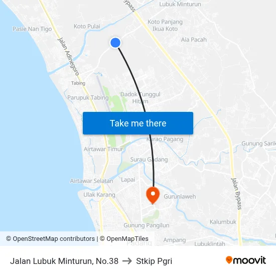 Jalan Lubuk Minturun, No.38 to Stkip Pgri map