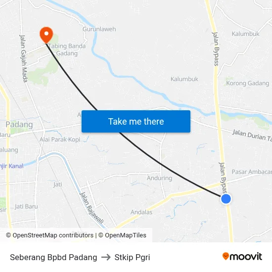 Seberang Bpbd Padang to Stkip Pgri map