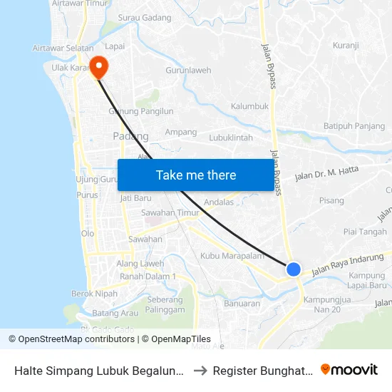 Halte Simpang Lubuk Begalung I to Register Bunghatta map