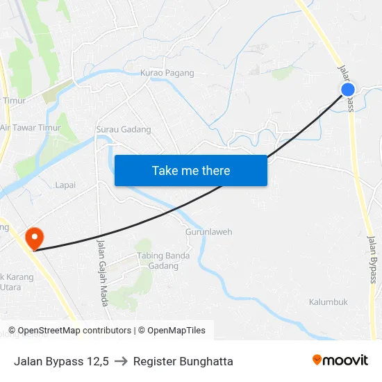 Jalan Bypass 12,5 to Register Bunghatta map