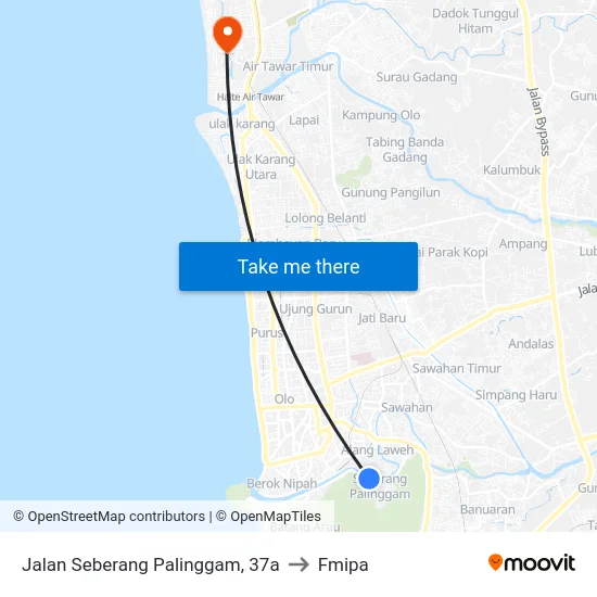 Jalan Seberang Palinggam, 37a to Fmipa map