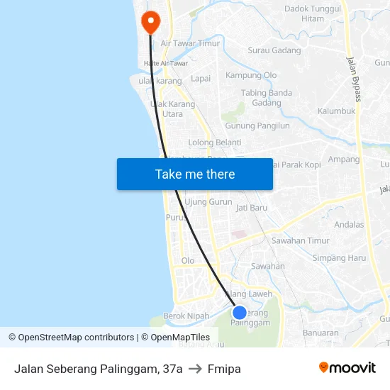 Jalan Seberang Palinggam, 37a to Fmipa map