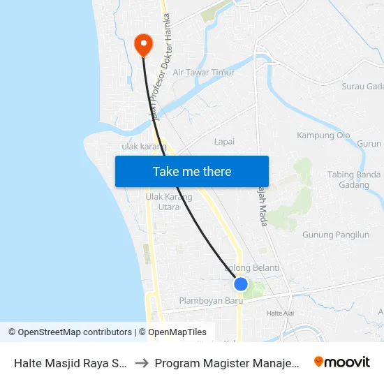 Halte Masjid Raya Sumbar to Program Magister Manajemen Unp map