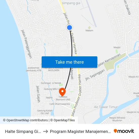 Halte Simpang Gia 1 to Program Magister Manajemen Unp map