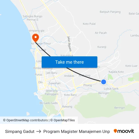 Simpang Gadut to Program Magister Manajemen Unp map