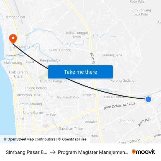 Simpang Pasar Baru to Program Magister Manajemen Unp map