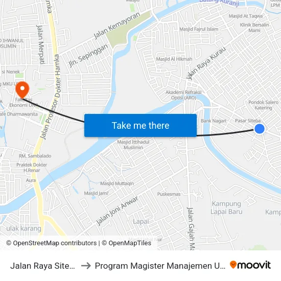 Jalan Raya Siteba to Program Magister Manajemen Unp map