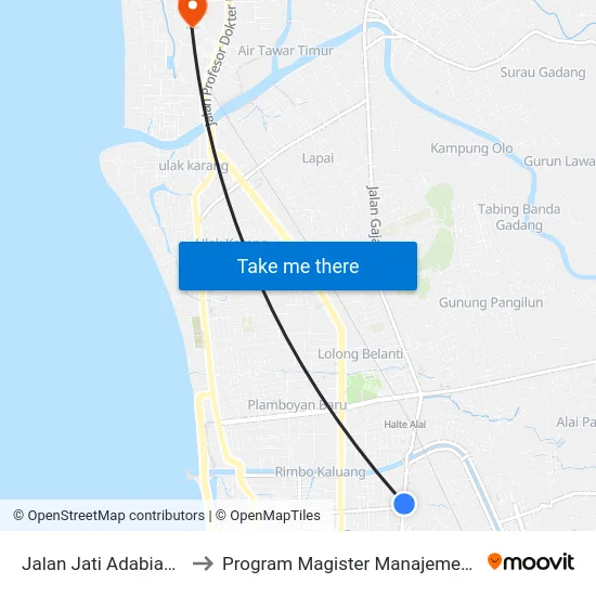 Jalan Jati Adabiah, 29 to Program Magister Manajemen Unp map
