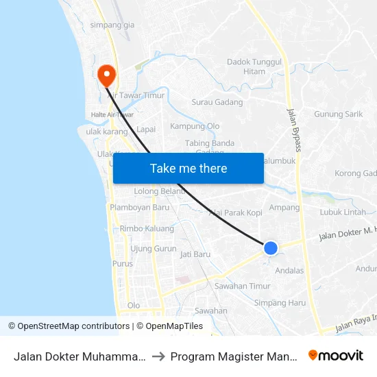 Jalan Dokter Muhammad Hatta, 64 to Program Magister Manajemen Unp map