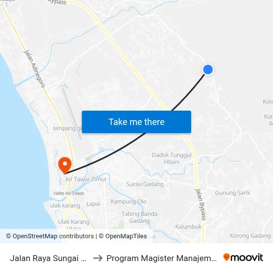 Jalan Raya Sungai Lareh to Program Magister Manajemen Unp map