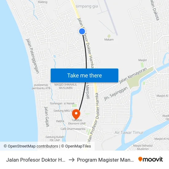 Jalan Profesor Doktor Hamka, 156d to Program Magister Manajemen Unp map