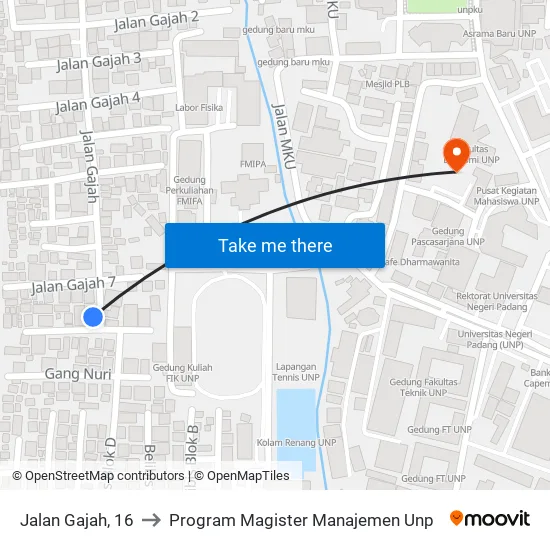 Jalan Gajah, 16 to Program Magister Manajemen Unp map