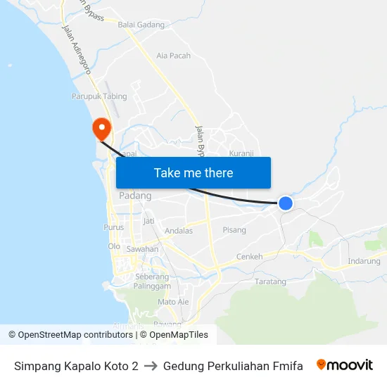 Simpang Kapalo Koto 2 to Gedung Perkuliahan Fmifa map