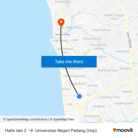 Halte Iain 2 to Universitas Negeri Padang (Unp) map