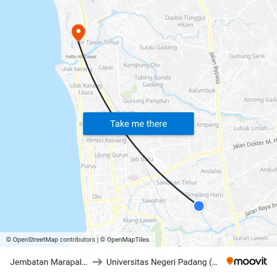 Jembatan Marapalam to Universitas Negeri Padang (Unp) map
