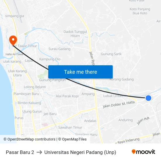 Pasar Baru 2 to Universitas Negeri Padang (Unp) map