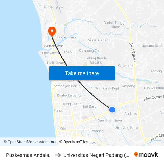 Puskesmas Andalas 2 to Universitas Negeri Padang (Unp) map