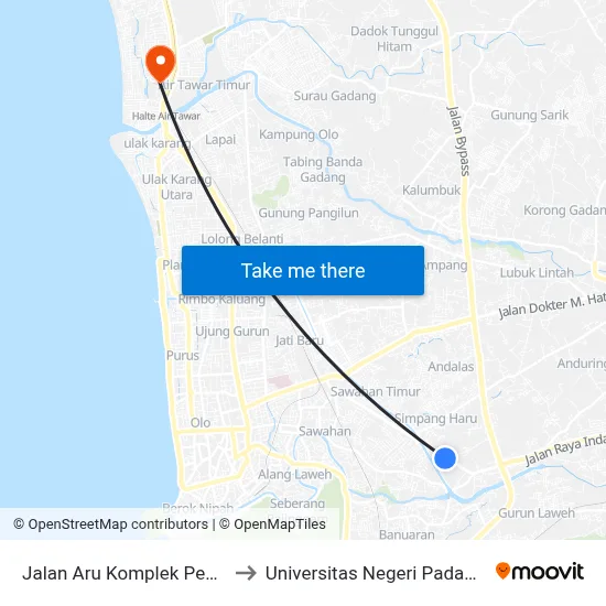 Jalan Aru Komplek Pemda, 15 to Universitas Negeri Padang (Unp) map