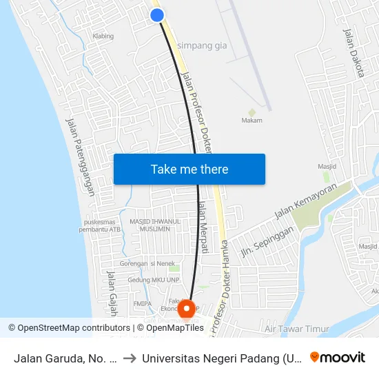Jalan Garuda, No. 11 to Universitas Negeri Padang (Unp) map