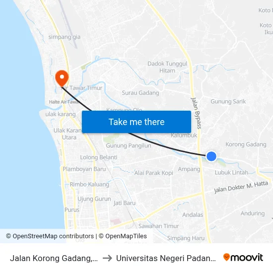 Jalan Korong Gadang, 24kel to Universitas Negeri Padang (Unp) map