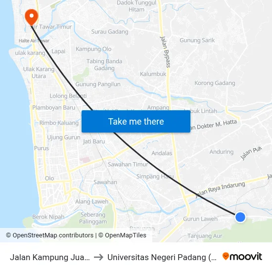 Jalan Kampung Jua, 86 to Universitas Negeri Padang (Unp) map