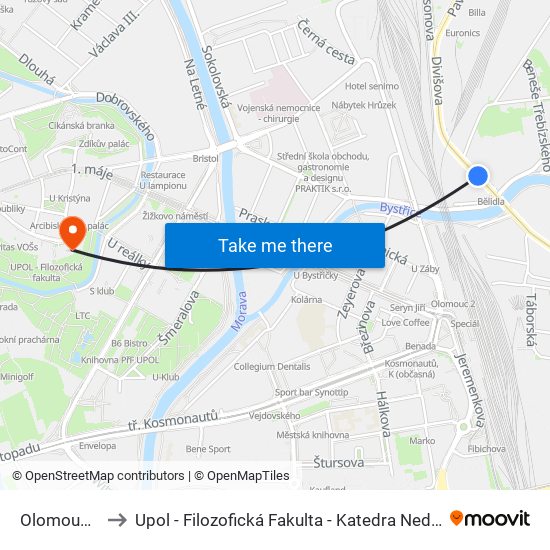 Olomouc, Bělidla to Upol - Filozofická Fakulta - Katedra Nederlandistiky A Žurnalistiky map