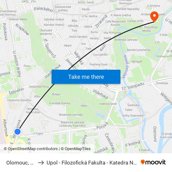 Olomouc, Wolkerova to Upol - Filozofická Fakulta - Katedra Nederlandistiky A Žurnalistiky map
