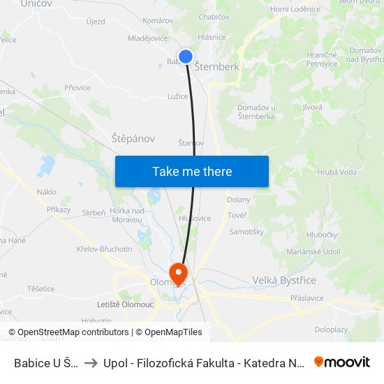 Babice U Šternberka to Upol - Filozofická Fakulta - Katedra Nederlandistiky A Žurnalistiky map