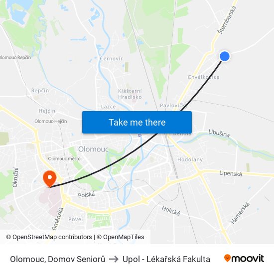 Olomouc, Domov Seniorů to Upol - Lékařská Fakulta map