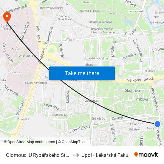 Olomouc, U Rybářského Stavu to Upol - Lékařská Fakulta map