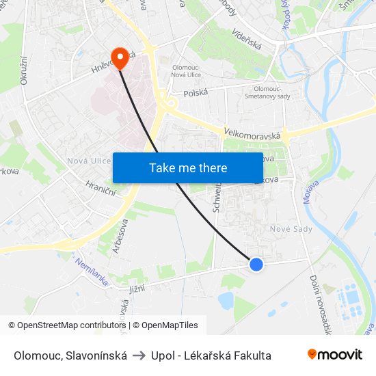 Olomouc, Slavonínská to Upol - Lékařská Fakulta map