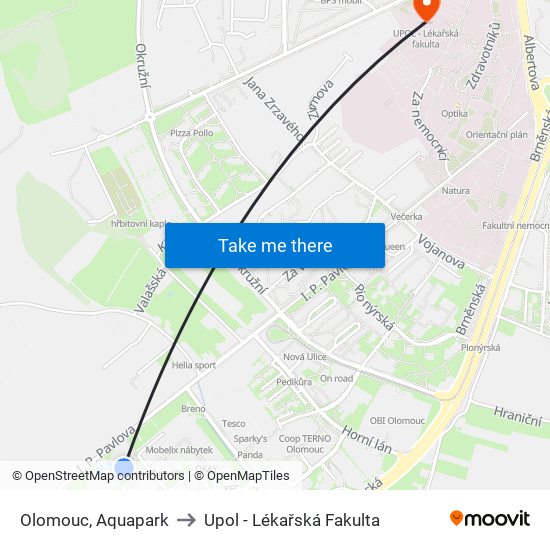 Olomouc, Aquapark to Upol - Lékařská Fakulta map